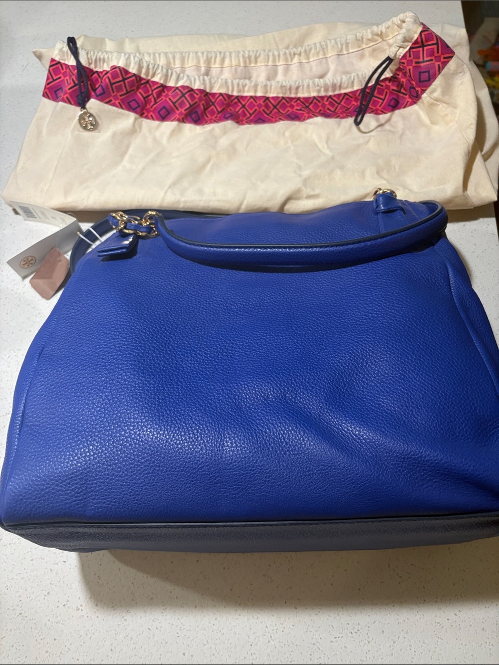 Tory Burch Harper Tote Cobalt Blue Pebbled Leather Shoulder Bag - Picture 9 of 16